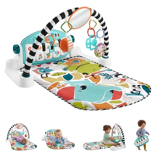 Fisher-Price Kontrast Kick & Play Pianospieldecke für Babys, Spielspaß Pianospieldecke, tragbares Musikspielzeug mit Smart-Stages-Lerninhalten, ab 0 Monaten, mehrfarbig, deutsche Version, HYH59