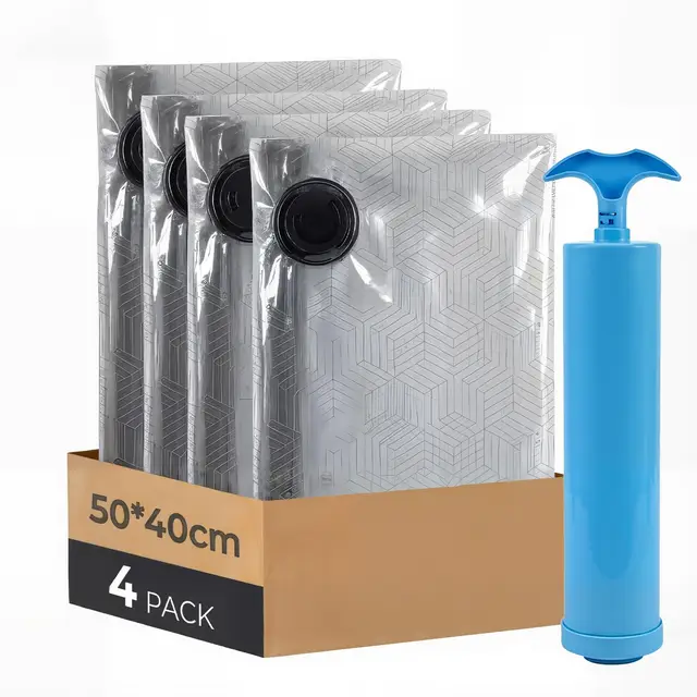 Vakuumbeutel für Kleidung, 4er-Set Vakuumbeutel (4 * 50x40cm), Vacuum Bags for Clothing mit Handpumpe für Reisen, Umzüge, Aufbewahrung