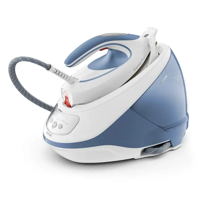 Tefal Dampfbügelstation Express Protect, leistungsstarker 7,5-Bar-Druck, Dampfstoß: 520 g/Min., 1,8 L Wassertank, Smart Temp-Technologie, Kalk-Kollektor, Bügeleisen Dampfstation, weiß/blau, SV9202