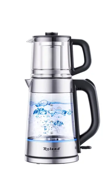 Roland Teekocher Teekanne – Elektrischer Wasserkocher 1,7L + Glas-Teekanne 1L mit Edelstahl-Teefilter, 360° drehbar, Automatische Abschaltung, Heißwasserspender, 2200W