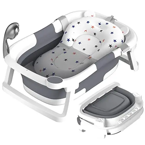 Baby Badewanne Faltbare, Baby Bathtub Babywanne Faltbar Babybadewanne Tragbare Wanne für Neugeborene Kleinkinder mit Rutschfester Matte und Abflussloch (Kein Thermometer) (Grau)