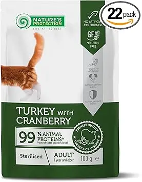 Nature’s Protection Nassfutter für sterilisierte Katzen - Getreidefreies Katzennassfutter mit Truthahn & Cranberry - Zuckerfreies Katzenfutter in Sauce für Harnwege, Gewicht & Verdauung (22 x 100g)