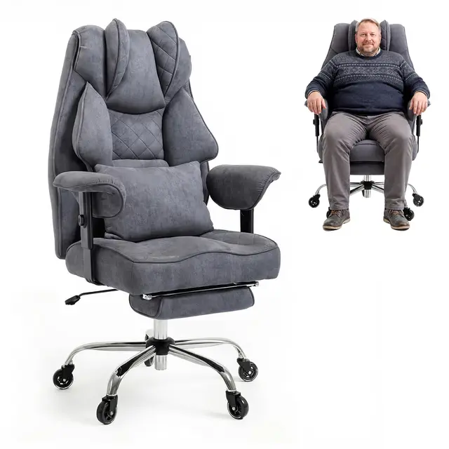 Bürostuhl Ergonomisch 200kg Belastbar XXL Chefsessel mit Fußstütze, Schreibtischstuhl Wildlederimitat, W-Form Sitzkissen Höhenverstellbar, Dicker Entlastung Drehstuhl für Home Office, Grau