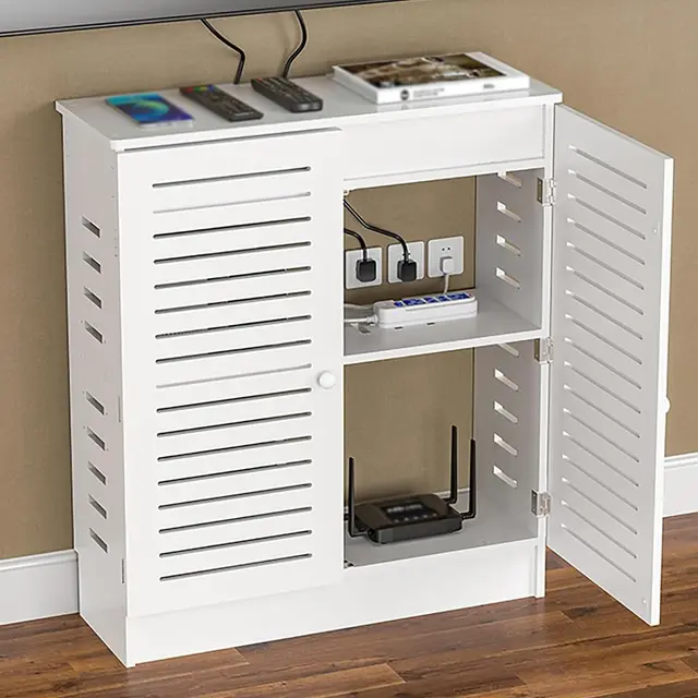 Aufbewahrungsbox aus Holz für WLAN-Router, Kabelmanagement-Organizer mit Tür, Steckdosenleistenablage für Zuhause/Büro, bietet Platz für ungenutzte Gegenstände (Weiß, 23,6 x 27,6 x 9,8 Zoll)