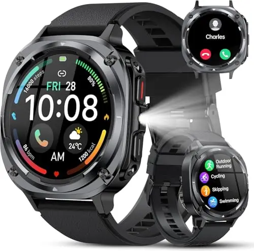 TIMU Smartwatch Herren, 1.45" AMOLED Smart Watch Herren mit Anrufe tätigen/Empfangen, 115+Sportmodi Fitnessuhr mit Herzfrequenz/Schrittzähler/Schlafmonitor, IP68 Wasserdicht Sportuhr für Android iOS