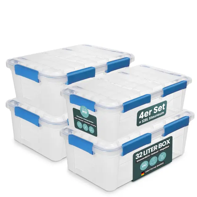 Kreher® Aufbewahrungsbox 32 Liter mit Deckel – wasserdicht & staubdicht, transparent & stapelbar, BPA- & schadstofffrei, robuste Kunststoffbox mit Silikondichtung & 6 Clips (4, 32 Liter)