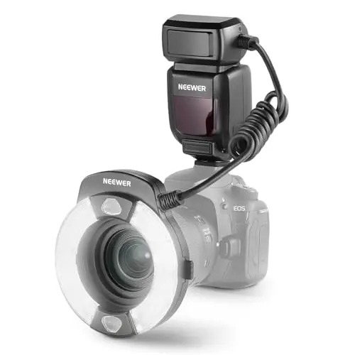 NEEWER RF1-C Makro Ringblitz, kompatibel mit Canon, 76Ws GN15 5600K E-TTL Blitzlicht, 1–1/128 Ausgang, Synchronisation mit vorderem/hinterem Vorhang, Farbfilter, Objektivadapter für Makrofotografie