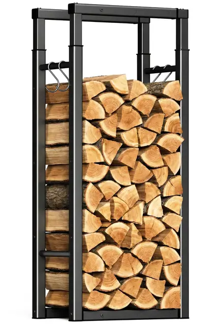 VOUNOT Verstellbare Kaminholzregal Metall, 9 Größen Einstellbar, Brennholzregal Feuerholzregal mit 4 Haken, Innen und Aussen, Schwarz
