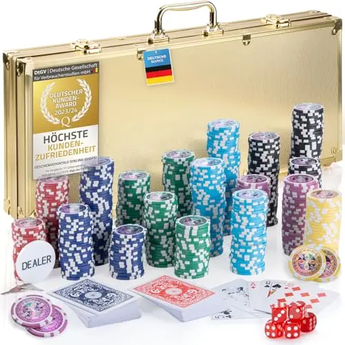 GOODS+GADGETS Profi Pokerkoffer Pokerset 500 Schwerer 12g Metallkern Poker-Chips; Pokerdeck, Pokerkarten, Würfel, Dealer-Button; abschließbar Alu-Koffer; Casino für Zuhause (Gold, 500 Chips)