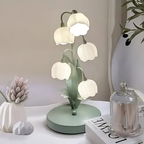 WLHONG Vintage Blumenlampe als Nachttischlampe, 5 Blüten | 3 wählbare Lichtfarben, 5 G4-LEDs inklusive und stabiler Eisenfuß; Perfekt für Schlafzimmer, Wohnzimmer und Büro