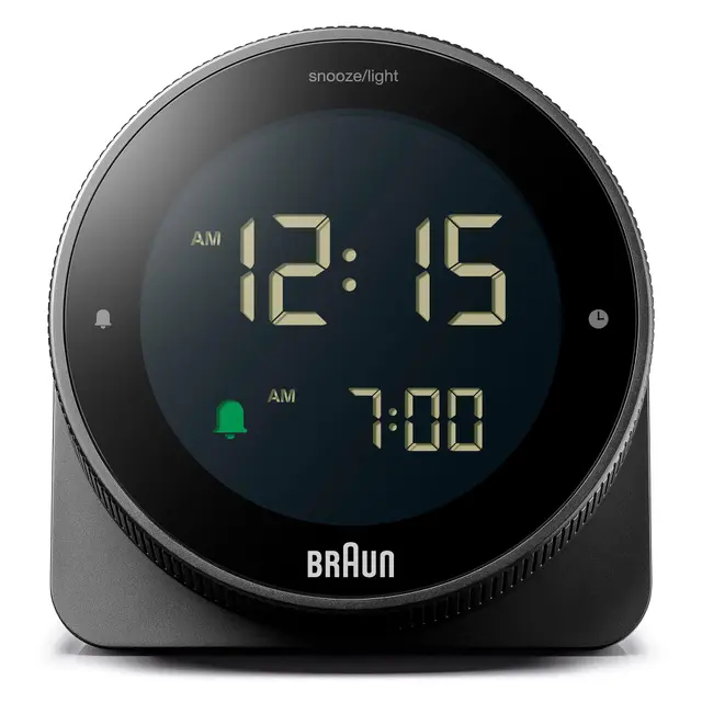 Braun Digitalwecker mit Schlummerfunktion, negativer LCD-Anzeige, drehbarer Lünette für schnelle Zeiteinstellung, Crescendo-Piepton-Alarm in Schwarz, Modell BC24B.