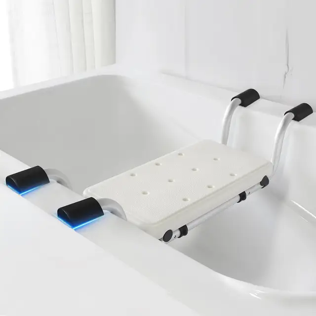 Badewannensitz Senioren mit flachen Antirutsch-Silikonauflagen & 1,5mm verstärktem Aluminiumrohr – Stabiles Badewannenbrett bis 120 kg, Verstellbar 71–81 cm
