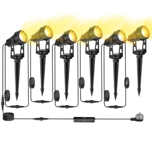 Gartenstrahler LED Außen Wasserdicht, 20 Meter 6-in-1 Bodenstrahler, 3000K Warmweiß, 12V IP65, Gartenbeleuchtung mit Strom, mit Stecker für Terrasse, Gartenweg, Party, Bäume, Rasen, Erdspieß