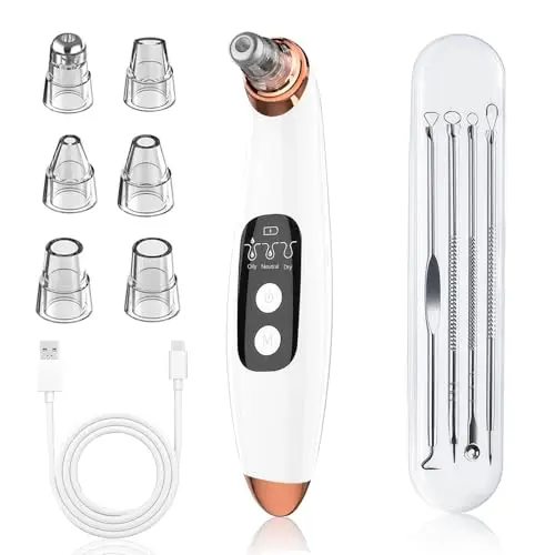 Mitesserentferner Porensauger Porenreiniger Gesicht Elektrisch mit 3 Saugstufen 6 Köpfen, LCD Display, Vakuumsauger zur Gesichtsreinigung, Schonend, USB Wiederaufladbar, Eisweiß