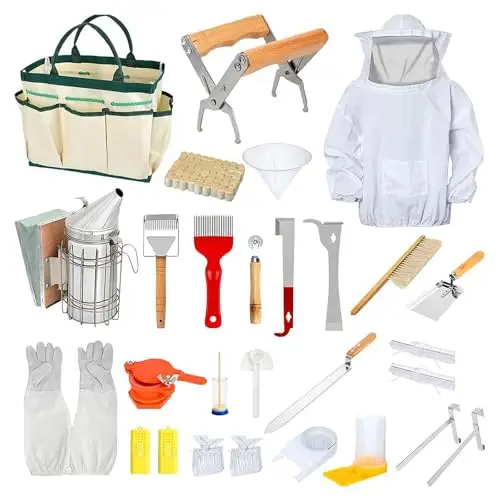 Imker Zubehör, Imkereibedarf Zubehör,Bienenzucht-Starter-Set,30pcs Imkereiwerkzeuge für Imkerkleidung Handschuhe Imker Bienen Smoker,Bienen Gabel Honig Kamm,Bienen-Sieb