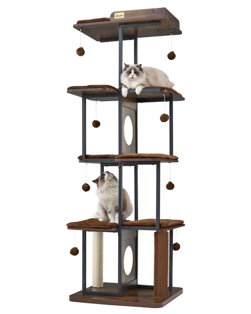 FourFurPets 168 cm Kratzbaum, Kratzbaum Grosse Katzen stabil, Moderner Katzenbaum für Drinnen, Mehrstöckiges Katzenkondomino, hölzerner Katzenturm mit großer Plattform, Rustikales Braun