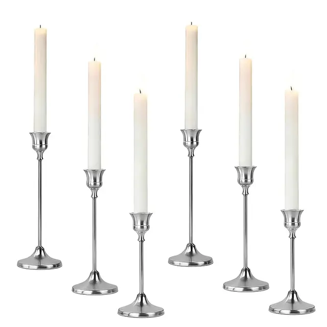 6 Teiliger Metall Kerzenständer Silber, Vintage Kerzenhalter Stabkerze, Hoch Stabkerzenhalter für Deko Candle Holder Set Elegante Kerzenleuchter für Hochzeit Partys Wohnkultur Tischdekoration