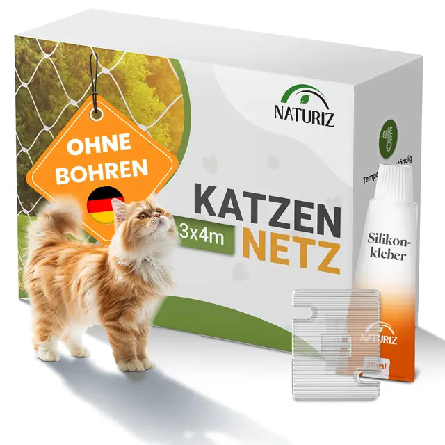 Naturiz® Katzennetz für Balkon ohne Bohren inkl. Klebehaken & Silikonkleber – Katzenschutznetz für Balkon & Fenster, Katzennetz transparent - Taubennetz, Katzenschutznetz, Katzengitter (3x4m)
