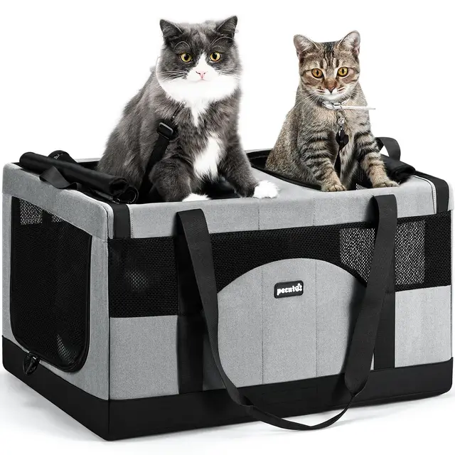 pecute Katzentransportbox für 2 Katzen Katzentasche Transporttasche Stabiler Haustier Tragetasche, Transportbox Katze Faltbar Tasche für Katzen und kleine Hunde Reisen, Grau