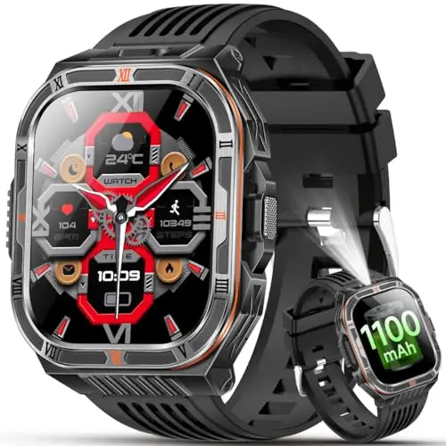 Smartwatch Herren, 1100 mAh Militär Smart Watch mit LED-Licht/Kompass, 2.01" Fitnessuhr mit 150+Sportmodi, Bluetooth-Anruf, Herzfrequenz, Schlafanalyse, Sportuhr für iOS/Android