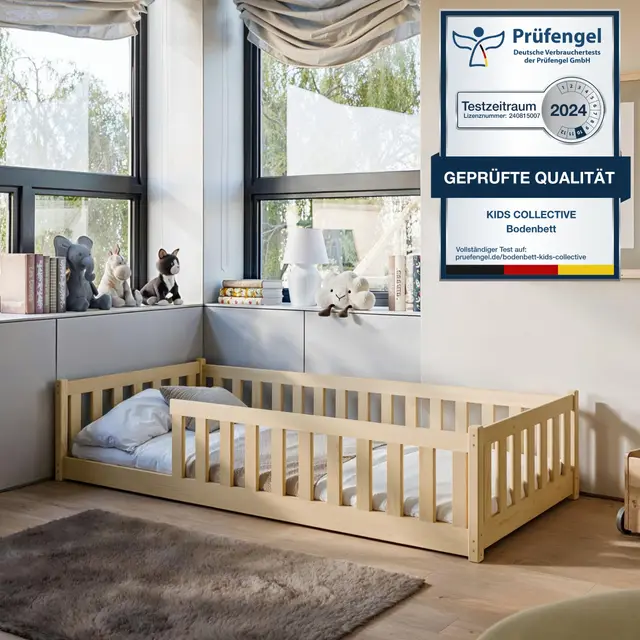 Kids Collective Kinderbett Bodenbett 80x160 cm mit Rausfallschutz & Lattenrost Montessori Bett Bed Gitterbett Kinder Jugendbett Einzelbett | Natur | von 3. bis 10. Lebensjahr