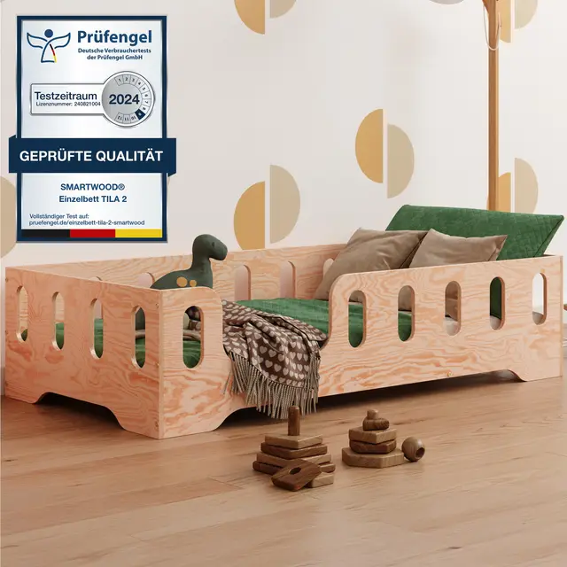 smartwood Bodenbett 90x200 cm - Montessori Kinderbett aus Holz mit FSC-Zertifikat TILA 2L mit Rausfallschutz & Lattenrost bis 230kg belastbar - Einfache Montage