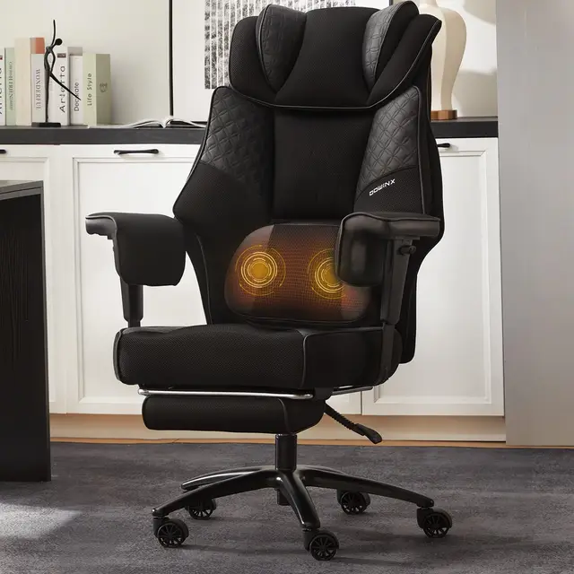 Dowinx XXL Bürostuhl mit Massage-Lendenkissen & Extra-Dicker Sitzpolsterung,Chefsessel mit Atmungsaktivem Mesh & Verstellbaren Armlehnen, Ergonomischer Schreibtischstuhl mit Fußstütze,Schwarz
