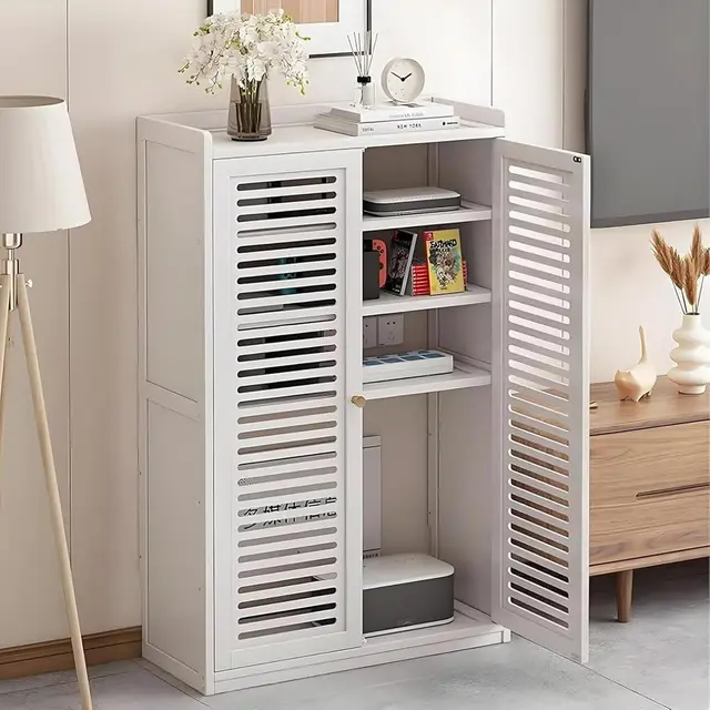Aufbewahrungsbox für WLAN-Router aus Bambus, freistehender Schrank mit verstellbaren Einlegeböden und 2 Türen, Kabelmanagement-Lösung für Schlaf- und Wohnzimmer, Weiß, 59 x 25 x 97 cm