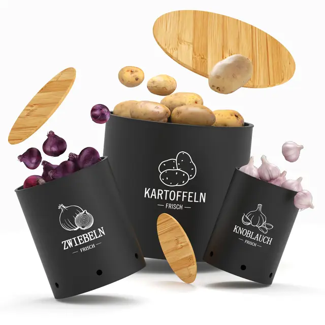 Kartoffel Aufbewahrungsbox, 3er Set Kunttsoff Vorratsdosen für Kartoffel Zwiebel knoblauch Aufbewahrung, Stapelbare Kartoffelbox Aufbewahren Küche mit Frischebelüftung