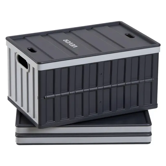 VEVOR Klappboxen 65 L 3er-Pack, Faltbare Aufbewahrungsboxen aus Kunststoff, Stapelbare Klappkörbe mit Deckel, Tragkraft 38 kg pro Box, Klappkisten, Ideal für Haushaltsorganisation, Grau & Schwarz