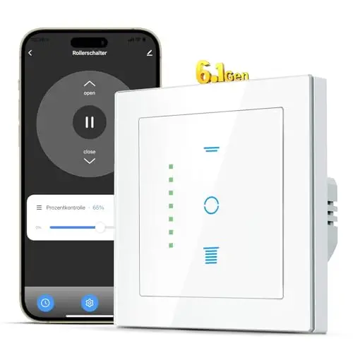 SMARTERCURRY WLAN Rollladenschalter [6.1Gen], Smart LED Jalousien Schalter mit Timer, Kindersicherung, Rollladensteuerung kompatibel mit Echo Alexa/Google, 80x80mm, 1 Stück | Weiß