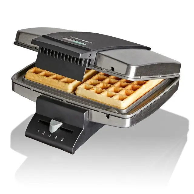 Cloer 1445 Brüsseler Waffeleisen für 2 Belgische Waffeln 9 x 15,5 cm, Duo-Waffeleisen mit Antihaftbeschichtung, stufenlosem Bräunungsgrad und Backampel, mattiertes Edelstahlgehäuse, 930 W