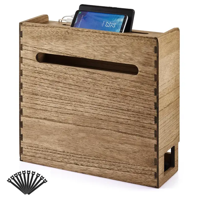 KIRIGEN Router-Aufbewahrungsbox aus Paulownia-Holz, Kabelmanagement-Box mit 3 Ebenen, 41 x 14 x 40 cm, für WLAN-Router, Netzteil, Steckdosenleiste und Kabel, Dunkelbraun