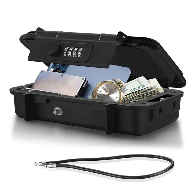 Tragbarer Safe, 4-stelliges Zahlenkombinationsschloss, Sicherheitsbox mit abnehmbarem Drahtseil für Reisen, Strand, Hotel, Auto, Zuhause und Büro [ Innenmaße: 20.0 * 10.3 * 3.5 cm ]