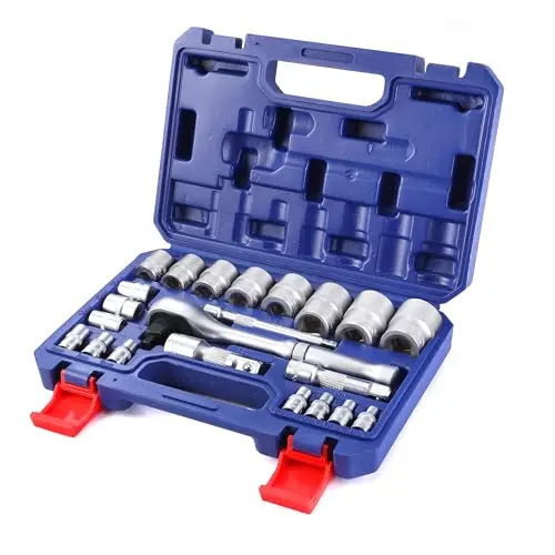 WORKPRO 22-teiliges Steckschlüssel-Set mit Ratschenhandgriff, 1/4", 3/8", 1/2" Antrieb, Cr-V-Metrisches Steckschlüssel-Set mit Verlängerungsstangen, für Heimwerker, mit Aufbewahrungsbox