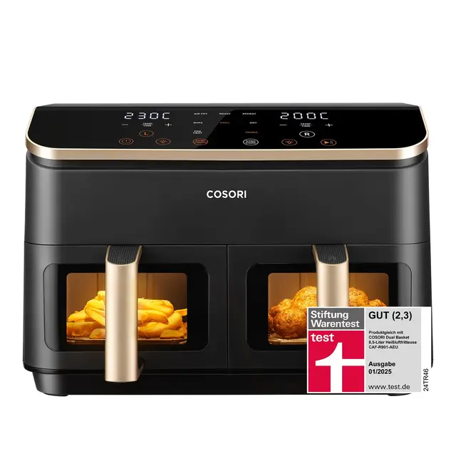Cosori Airfryer | Testsieger der Stiftung Warentest | 8,5L Heißluftfritteuse 2 Kammern | Heissluftfritteuse mit Sichtfenster | NTC-Tech für präzise Temperaturkontrolle | Gold | R903