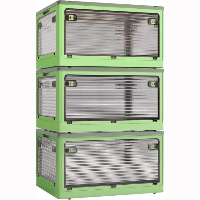 3 Pack Aufbewahrungsboxen mit Deckel 84L Kunststoffboxen mit Rollen Zusammenklappbare Kisten Aufbewahrung Transparent Storage Boxes mit Fünf Türen Stapelkisten Lagerboxen Grün (60×42×100cm)