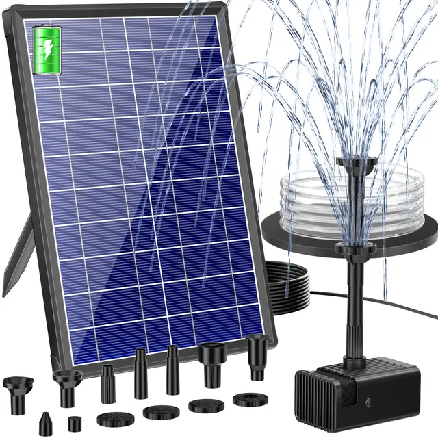 Biling 8W Solar Springbrunnen außen mit 4000mAh Akku, Leise 300 l/h Teichpumpe Solarpumpe mit 8 Düsen Bachlaufschlauch für Gartenteiche Belüftung bis 500L, Solarbrunnen DIY Mini Wasserspiel Fontänen