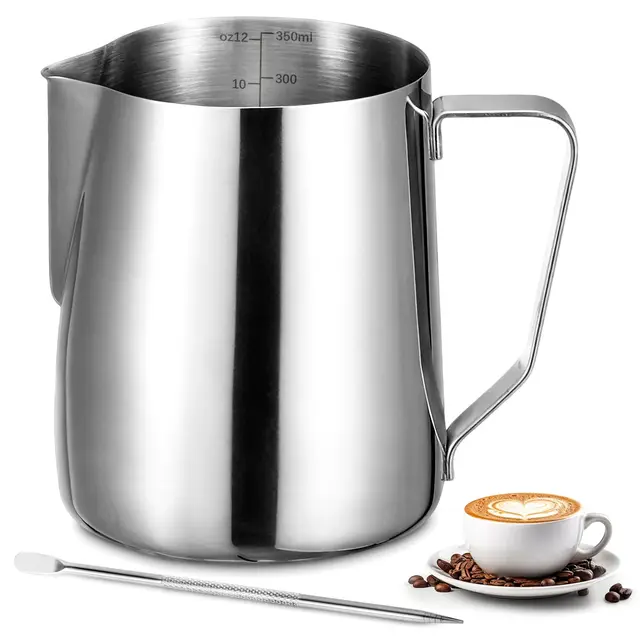Milchkännchen - 12oz Milchkanne Edelstahl mit Messung Mark Und Latte Art Pen, Kaffee Creamer Milch Aufschäumer Kännchen Tasse für Cappuccino, Espresso,Perfekt für Kaffeeliebhabe