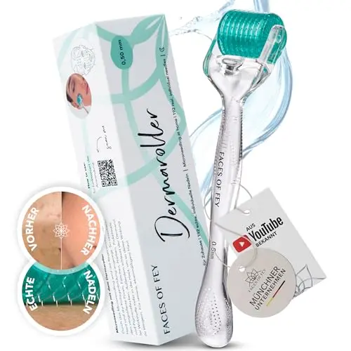 FACES OF FEY Dermaroller Gesicht 0,5mm – 192 Echte Nadeln aus Chirurgenstahl – Microneedling Roller für Gesicht & Körper – Derma Roller für professionelles Micro Needling zuhause