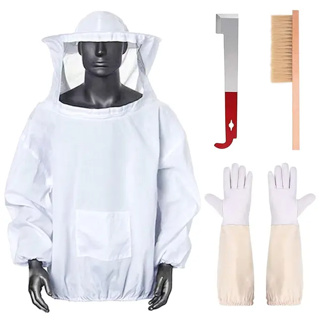 ZONSUSE Imker Schutzanzug mit Handschuhen und Bienenstockwerkzeugen, Edelstahl J Haken Rahmenheber und Schaber, Bienenstockbürsten, Professionelle Imkereiausrüstung für Hinterhof und Ranch