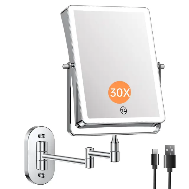 Famihomii 5000mAh Wiederaufladbar Kosmetikspiegel mit LED Beleuchtetung, Schminkspiegel mit 1-/30X Vergrößerung Und Touchschalter Batterie, Dimmbarer Rasierspiegel 360° Schwenkbar Wandmontage (Chrom)
