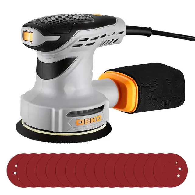DEKOPRO 300W Schleifmaschine, Exzenterschleifer 125mm mit 6 Geschwindigkeiten(7000-13000U/min), 16 Stück Schleifpapier, Staubfangbehälter - Schwingschleifer für DIY Holz Schleifen Polieren