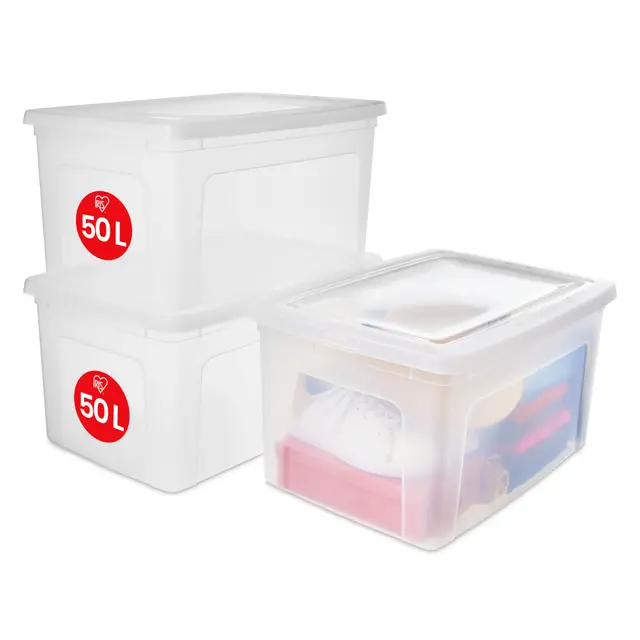 Iris Ohyama Vielseitige Aufbewahrungsboxen, 50L, 3er-Set, Transparent, Deckel leicht schließbar, Stapelbar, Plastik, Für Schrank, Regale, Klassenzimmer, Organisation, Kunstbedarf, Schuhe, MCB-50
