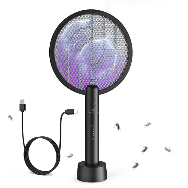 1er Elektrische Fliegenklatsche Schwarz 4000V, Elektrische Mückenklatsche 2in1 Mückenlampe, UV Elektrischer Fliegenfänger Insektenfalle mit Ladestation, USB Aufladbar, Insektenvernichter Innen Außen