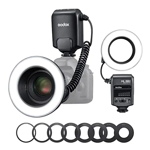Godox ML150II Tragbarer LED Makroringblitz Ringblitzleuchte Set6-stufige Leistungswahl (1/32-1/1) 5800K±200K Dimmbar für Nikon/Canon/Panasonic/Olympus/Sony 11 FX Light Effects