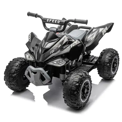 LALAHO Kinder Quad Elektro 12V Kinderquad, Kinderfahrzeug mit LED-Scheinwerfern, Musik & Hupe, Elektroauto mit 4 rutschfeste Räder & langsamer Start, für Kinder 3–8 Jahre alt (Schwarz 1)