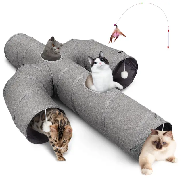 Ownpets Katzentunnel Groß, 30cm Durchmesser Robuster Oxford-Stoff,Kaktusförmiger Zusammenklappbarer Katzen Tunnel für Hauskatzen, Interaktives Guckloch Haustier Tunnelrohr mit Katzenangel Spielzeug