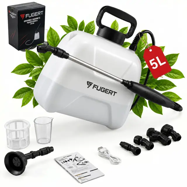 Akku Drucksprüher, elektrischer Gartensprüher mit USB-C, 3,5 Bar, Pflanzensprüher mit Teleskoplanze 27–49,5 cm, 5 Düsen, Schultergurt, Gartenspritze für Garten & Pflanzen (5L)