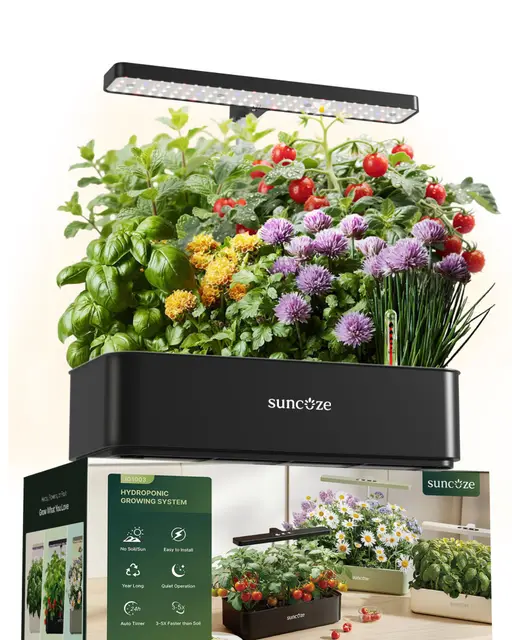 SUNCOZE Hydroponisches Anzuchtsystem, Smart Garden mit 12 Hülsen, Schwarz | Kräutergarten mit 24W LED Pflanzenlampe, Höhenverstellbar, 4L Hydroponic System für Zuhause, Küche, Leise Intelligente Pumpe